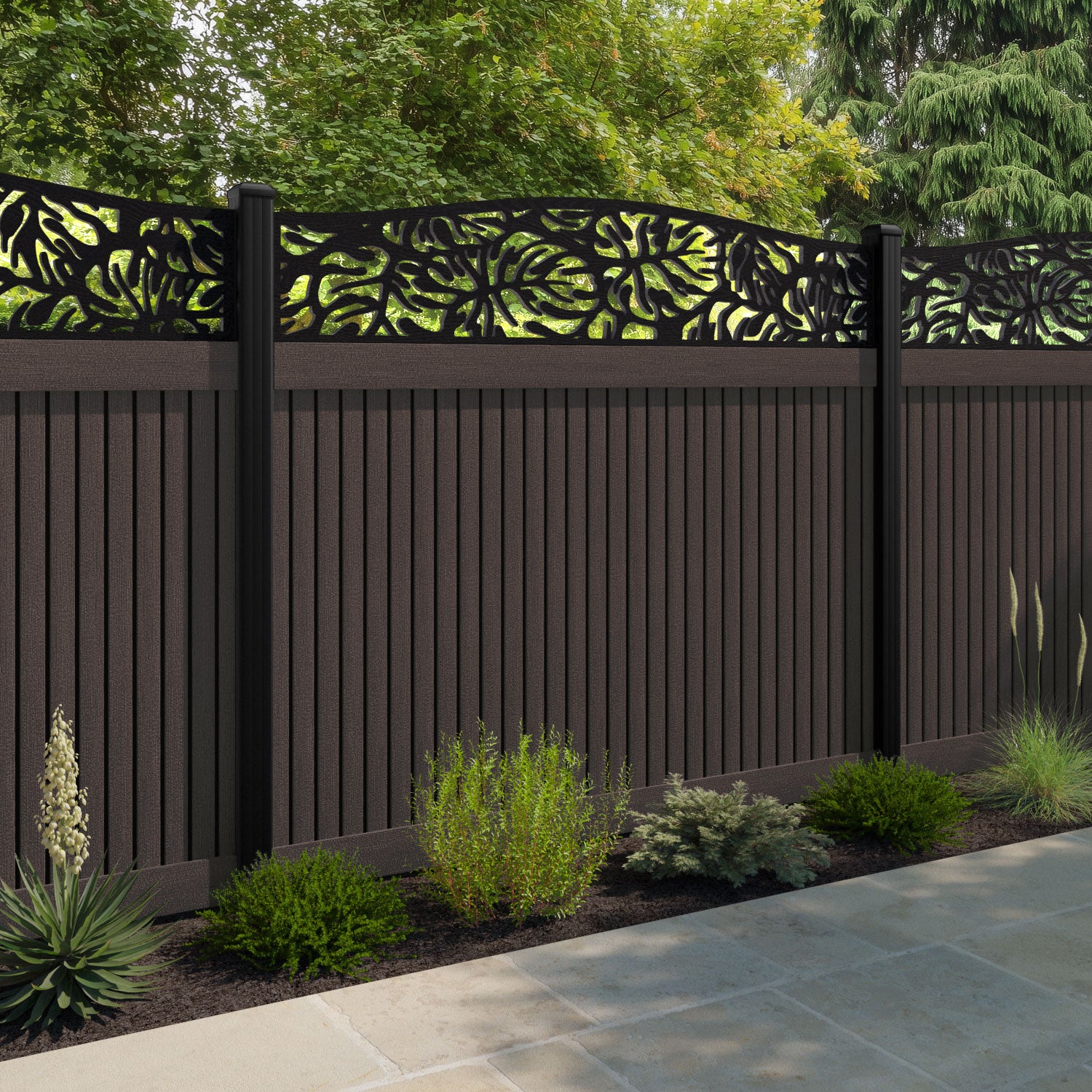 Virtis Botanic Curved Top Fence Panel - Mid Brown - with our composite posts
