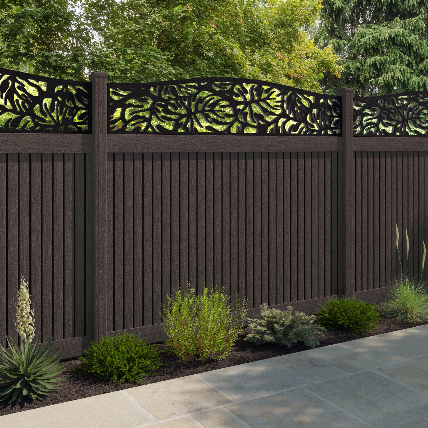 Virtis Botanic Curved Top Fence Panel - Mid Brown - with our composite posts
