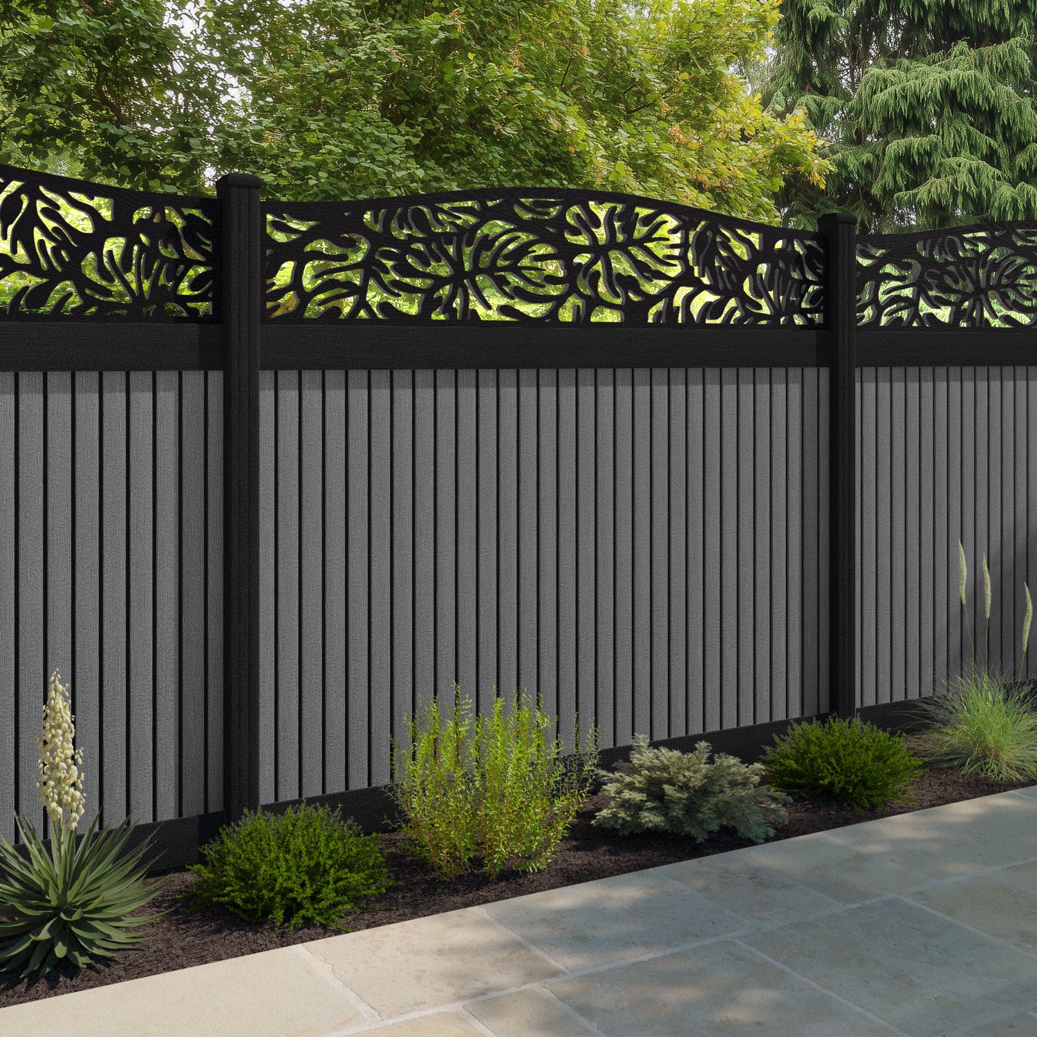 Virtis Botanic Curved Top Fence Panel - Mid Grey - with our composite posts