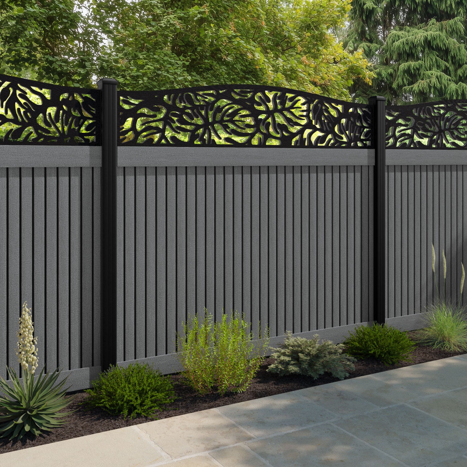 Virtis Botanic Curved Top Fence Panel - Mid Grey - with our composite posts