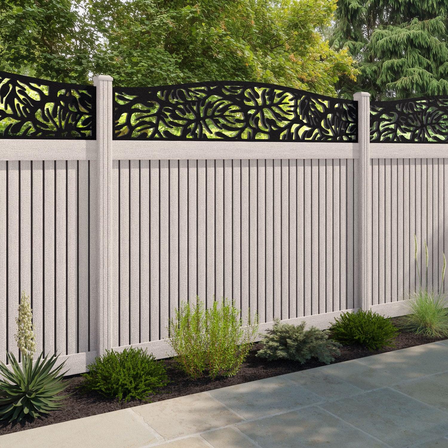 Virtis Botanic Curved Top Fence Panel - Mid Stone - with our composite posts