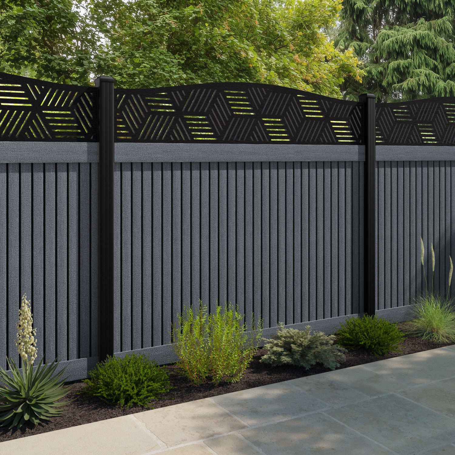 Virtis Cubed Curved Top Fence Panel - Anthracite - with our composite posts