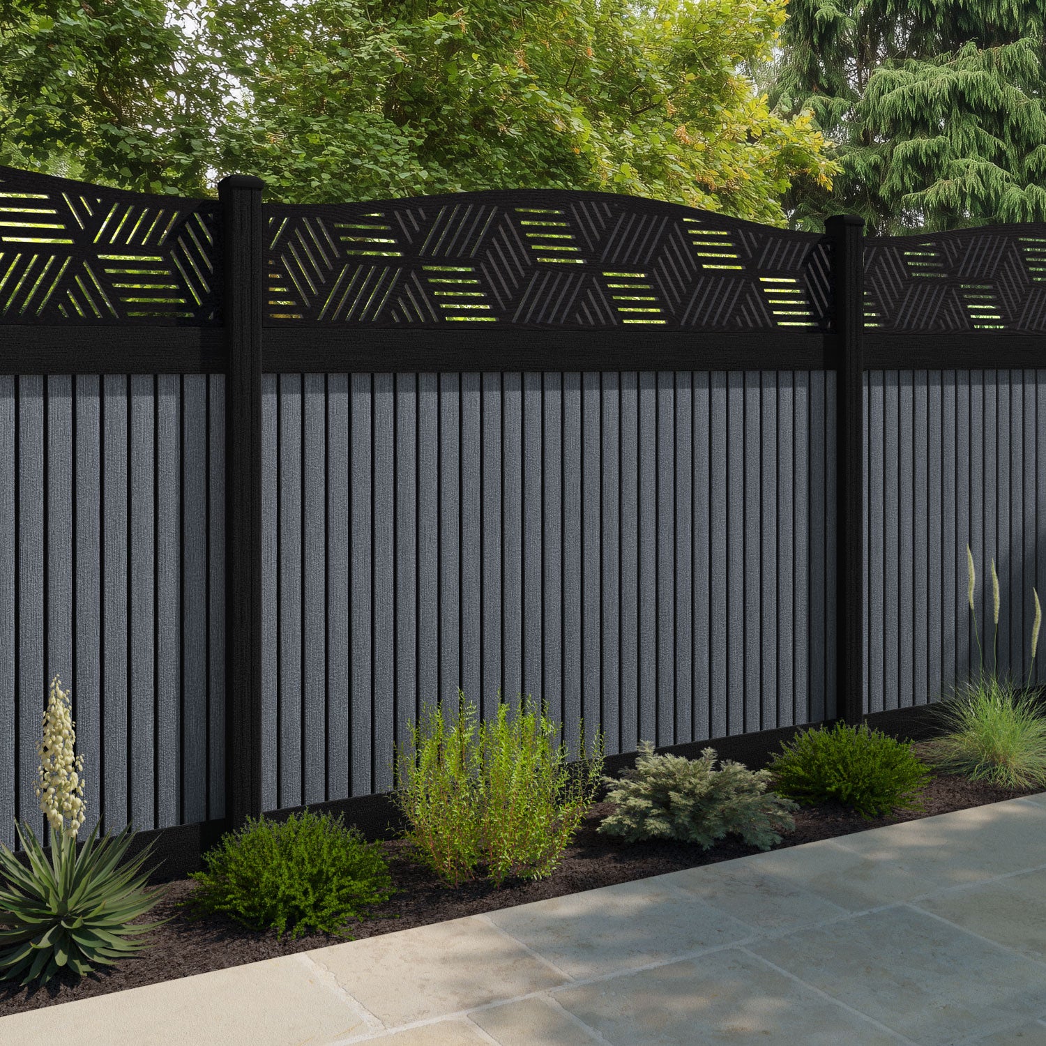 Virtis Cubed Curved Top Fence Panel - Anthracite - with our composite posts