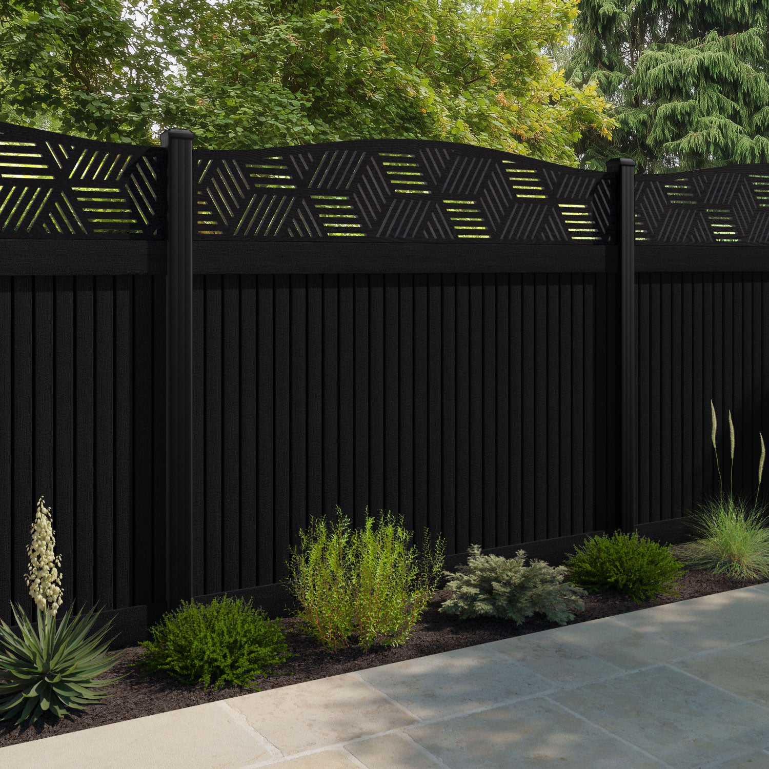 Virtis Cubed Curved Top Fence Panel - Black - with our aluminium posts