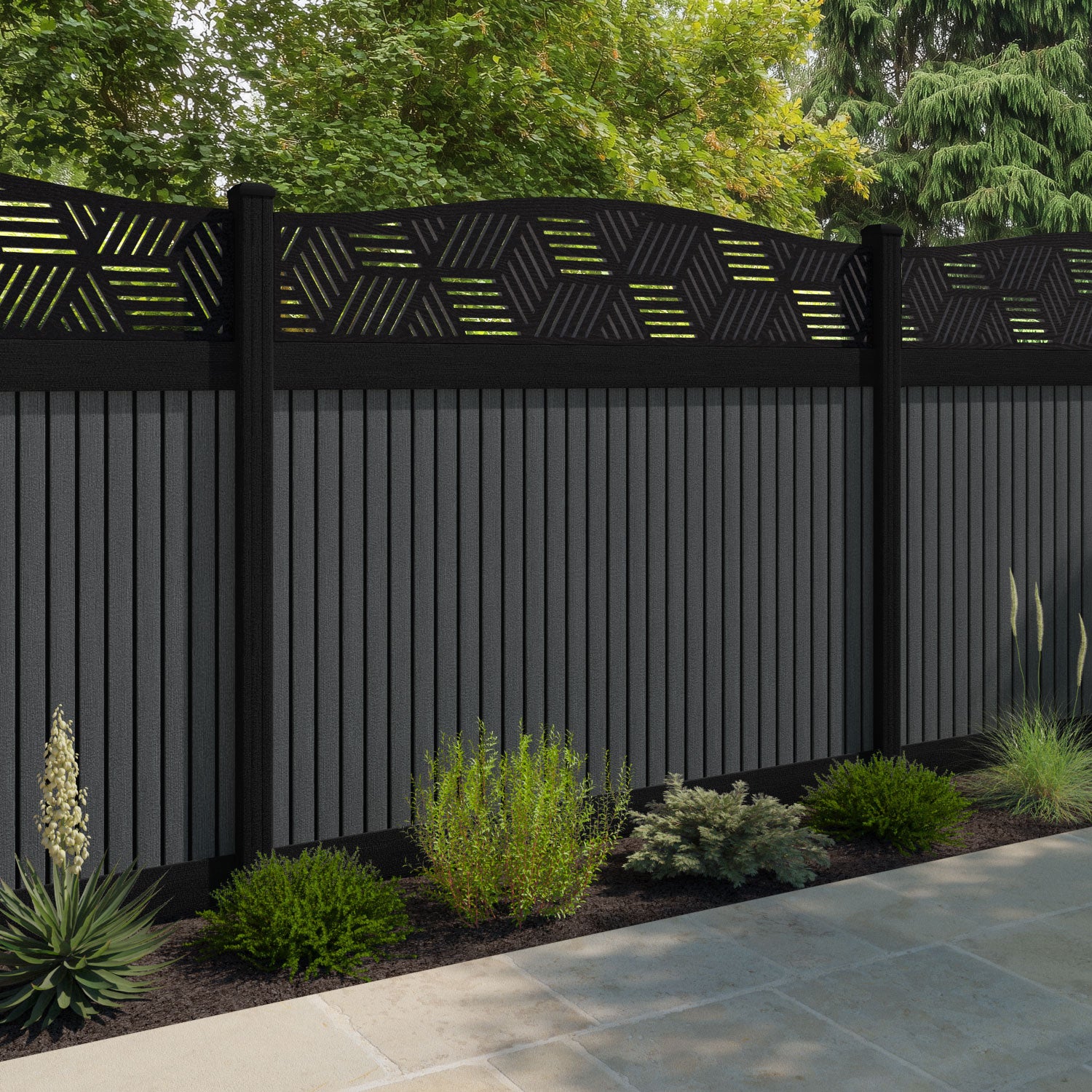 Virtis Cubed Curved Top Fence Panel - Dark Grey - with our composite posts