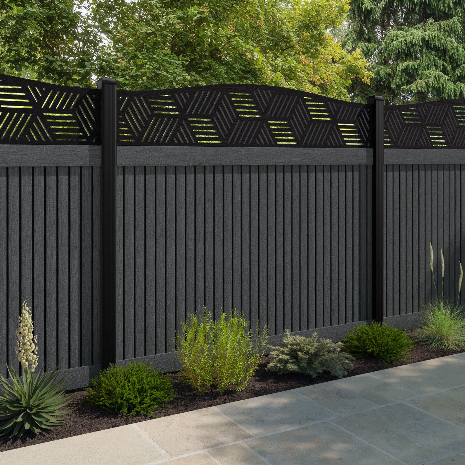 Virtis Cubed Curved Top Fence Panel - Dark Grey - with our aluminium posts