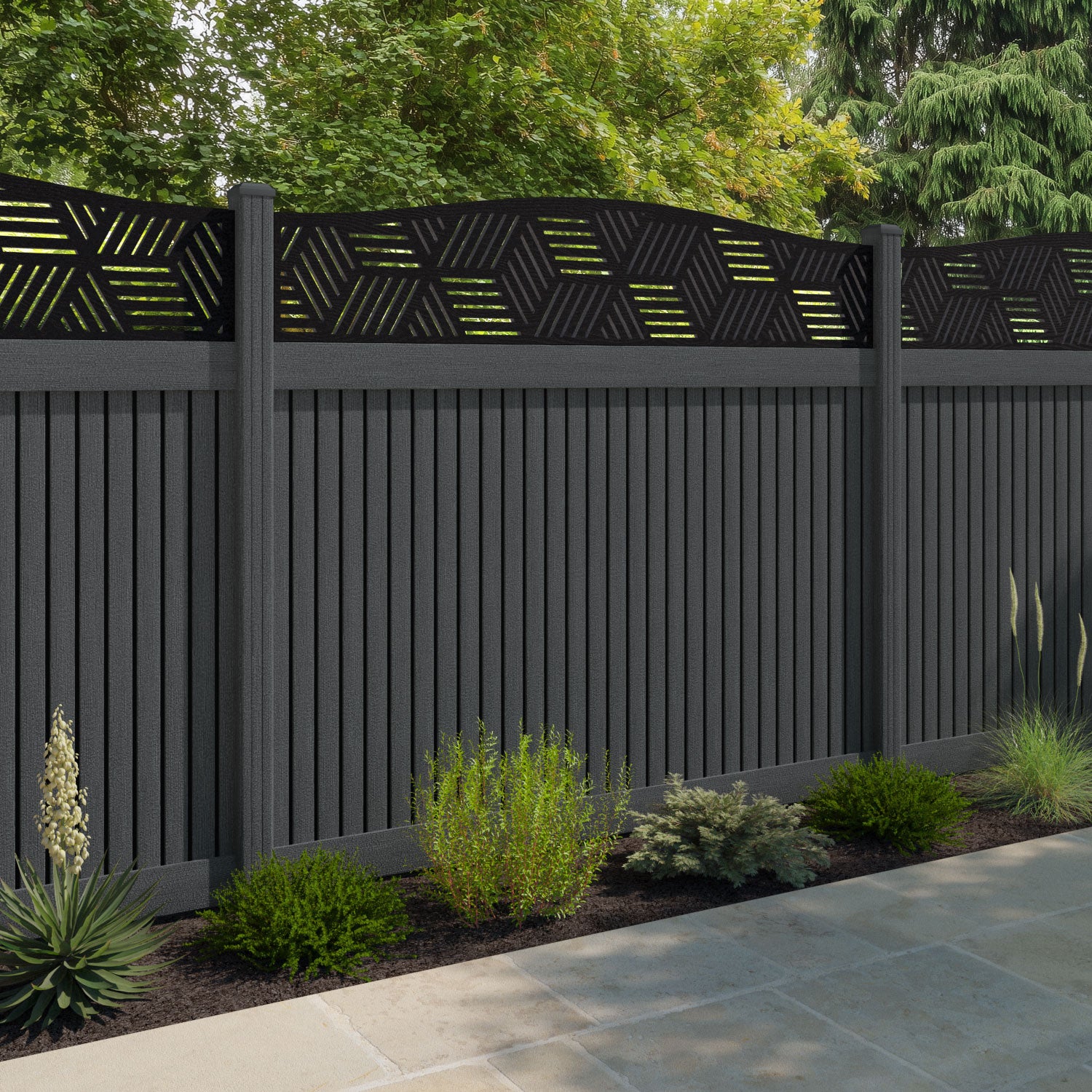 Virtis Cubed Curved Top Fence Panel - Dark Grey - with our composite posts