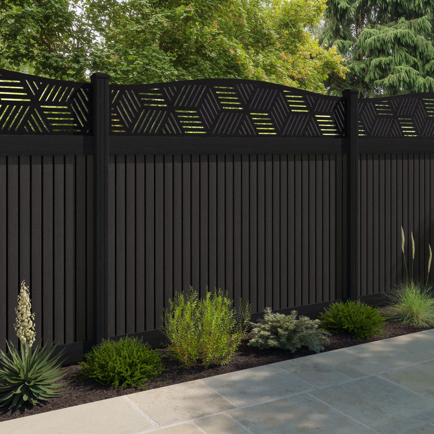 Virtis Cubed Curved Top Fence Panel - Dark Oak - with our composite posts
