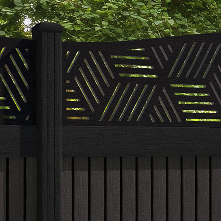 Virtis Cubed Curved Top Fence Panel - Dark Oak - with our aluminium posts