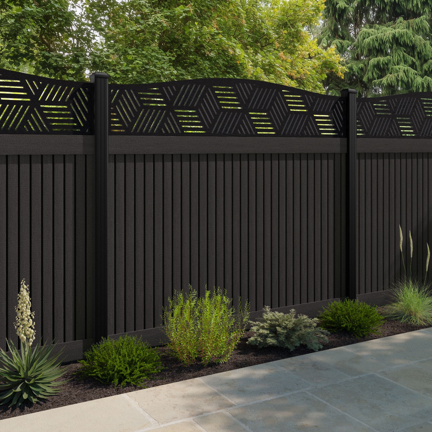 Virtis Cubed Curved Top Fence Panel - Dark Oak - with our aluminium posts