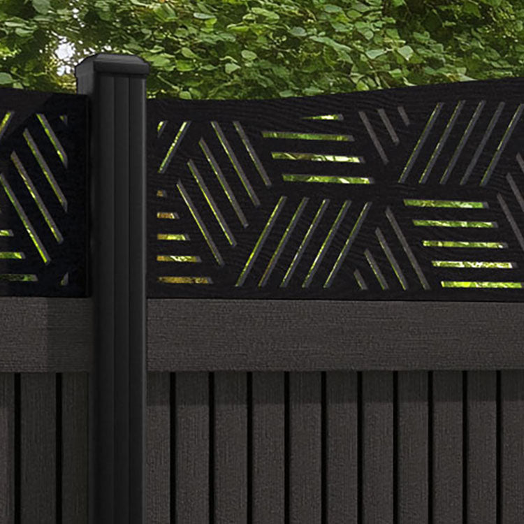 Virtis Cubed Curved Top Fence Panel - Dark Oak - with our aluminium posts