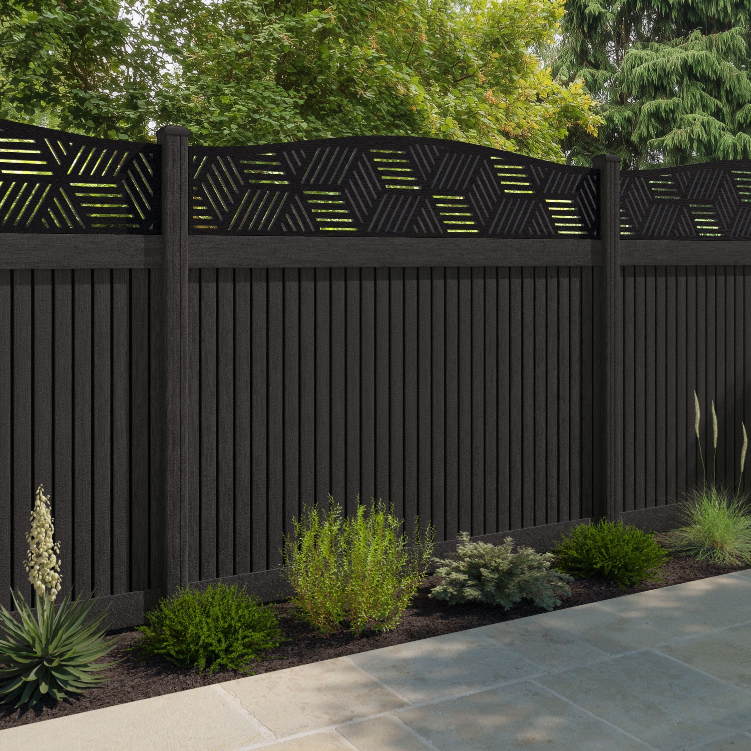 Virtis Cubed Curved Top Fence Panel - Dark Oak - with our composite posts