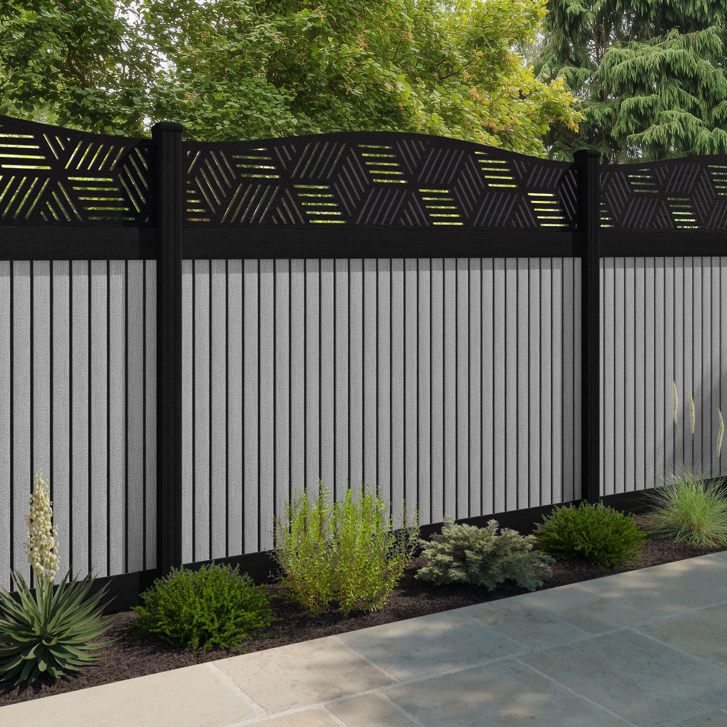 Virtis Cubed Curved Top Fence Panel - Light Grey - with our composite posts