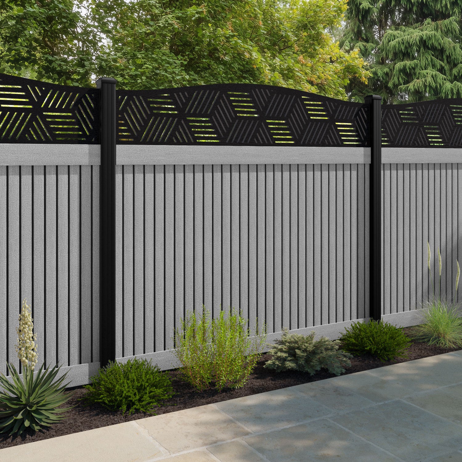 Virtis Cubed Curved Top Fence Panel - Light Grey - with our aluminium posts