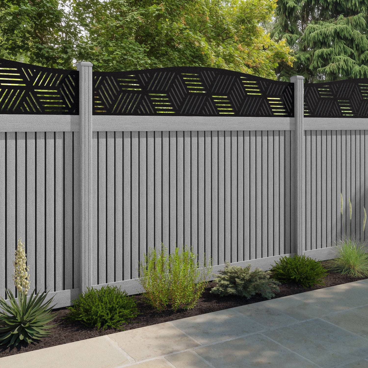 Virtis Cubed Curved Top Fence Panel - Light Grey - with our composite posts