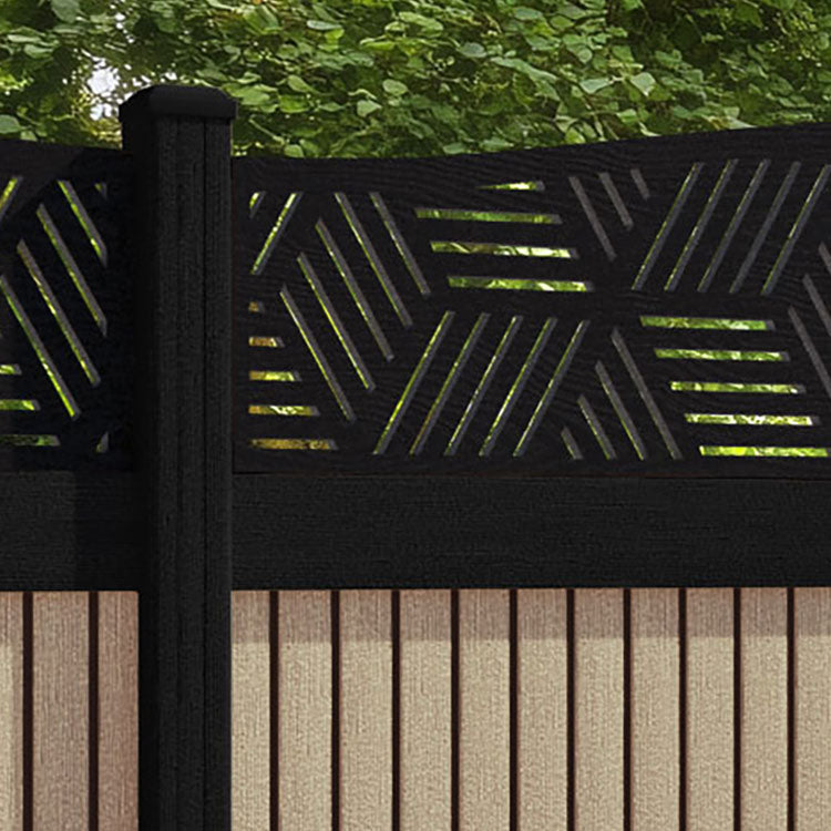 Virtis Cubed Curved Top Fence Panel - Light Oak - with our aluminium posts