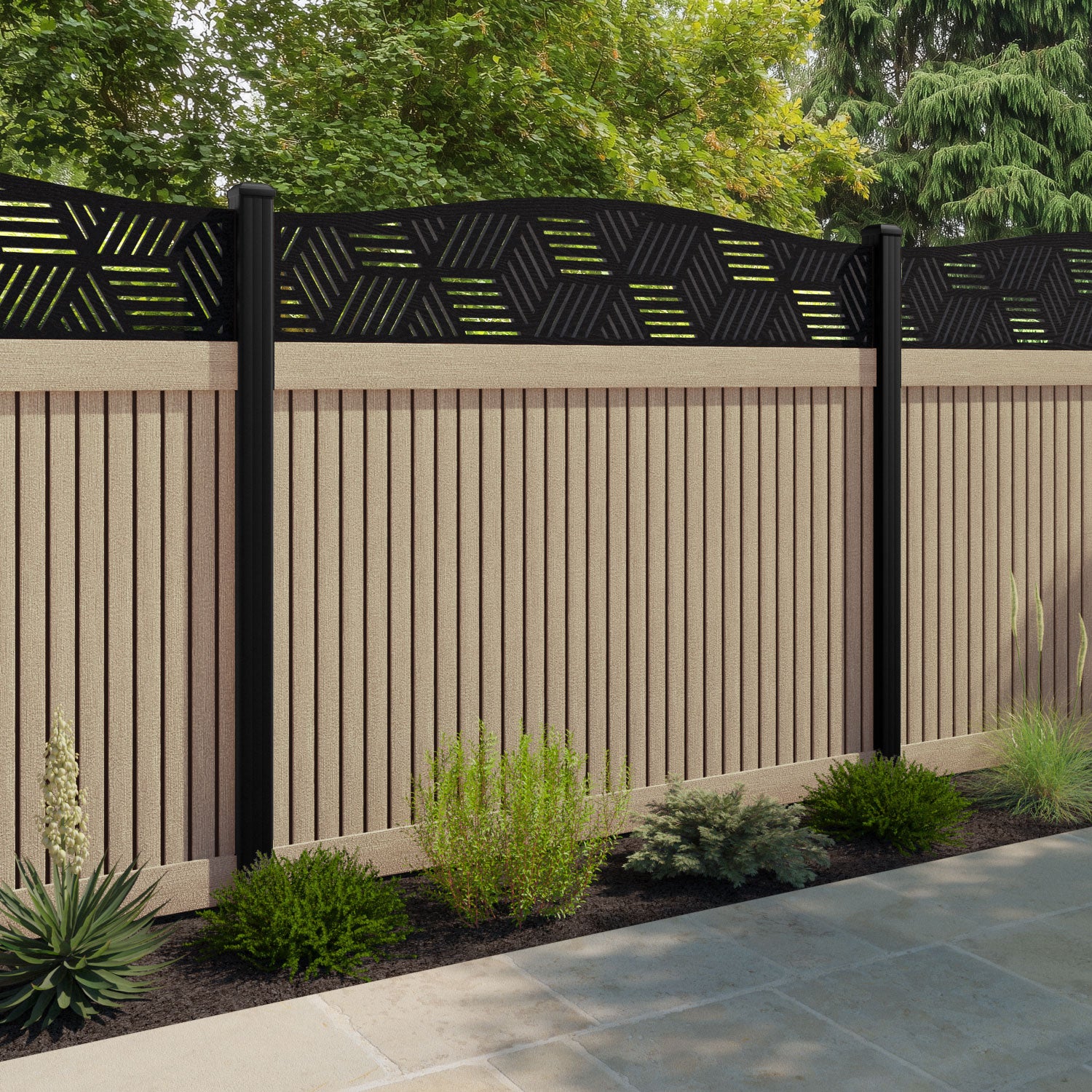Virtis Cubed Curved Top Fence Panel - Light Oak - with our aluminium posts