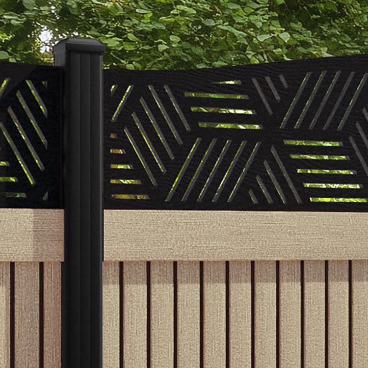 Virtis Cubed Curved Top Fence Panel - Light Oak - with our aluminium posts