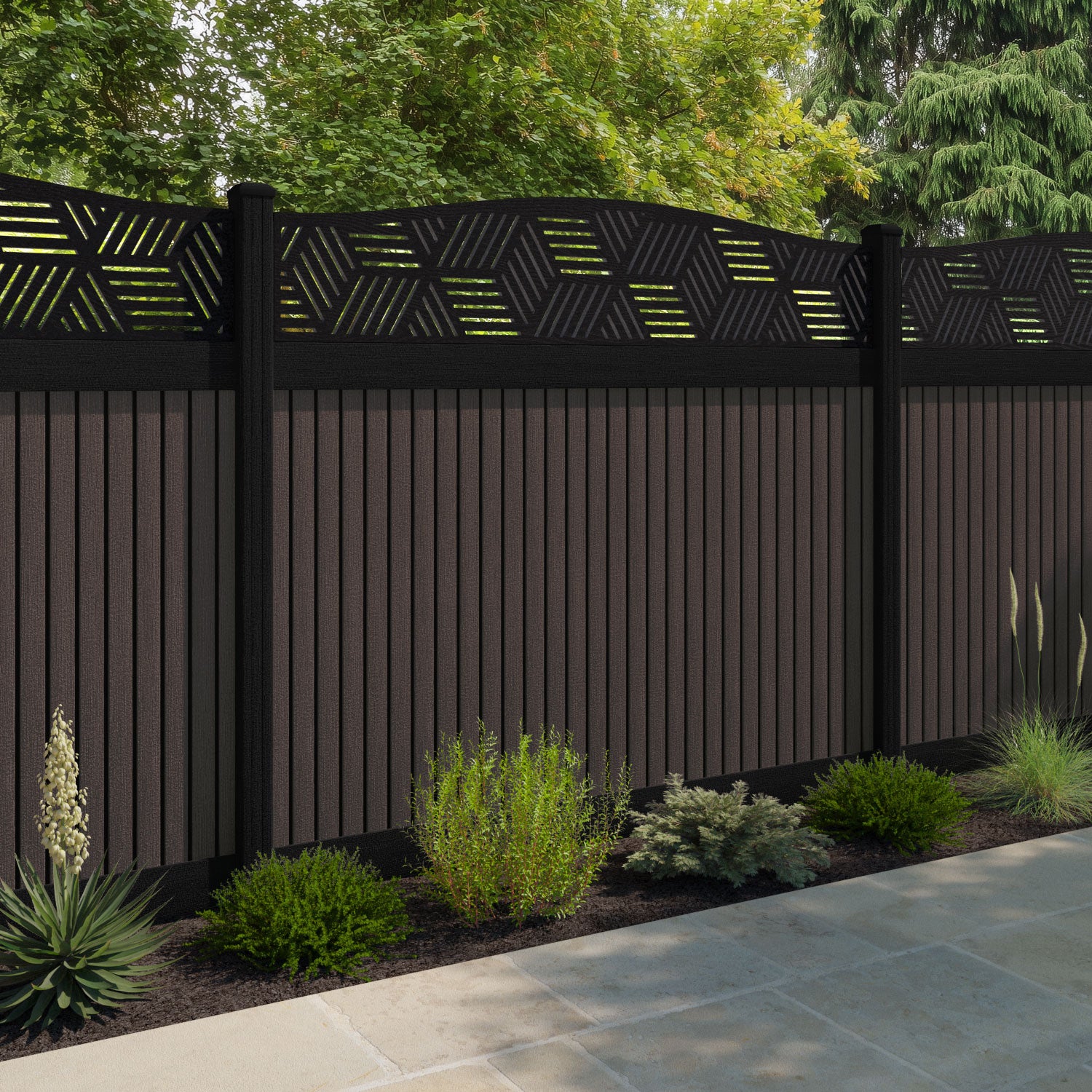 Virtis Cubed Curved Top Fence Panel - Mid Brown - with our composite posts