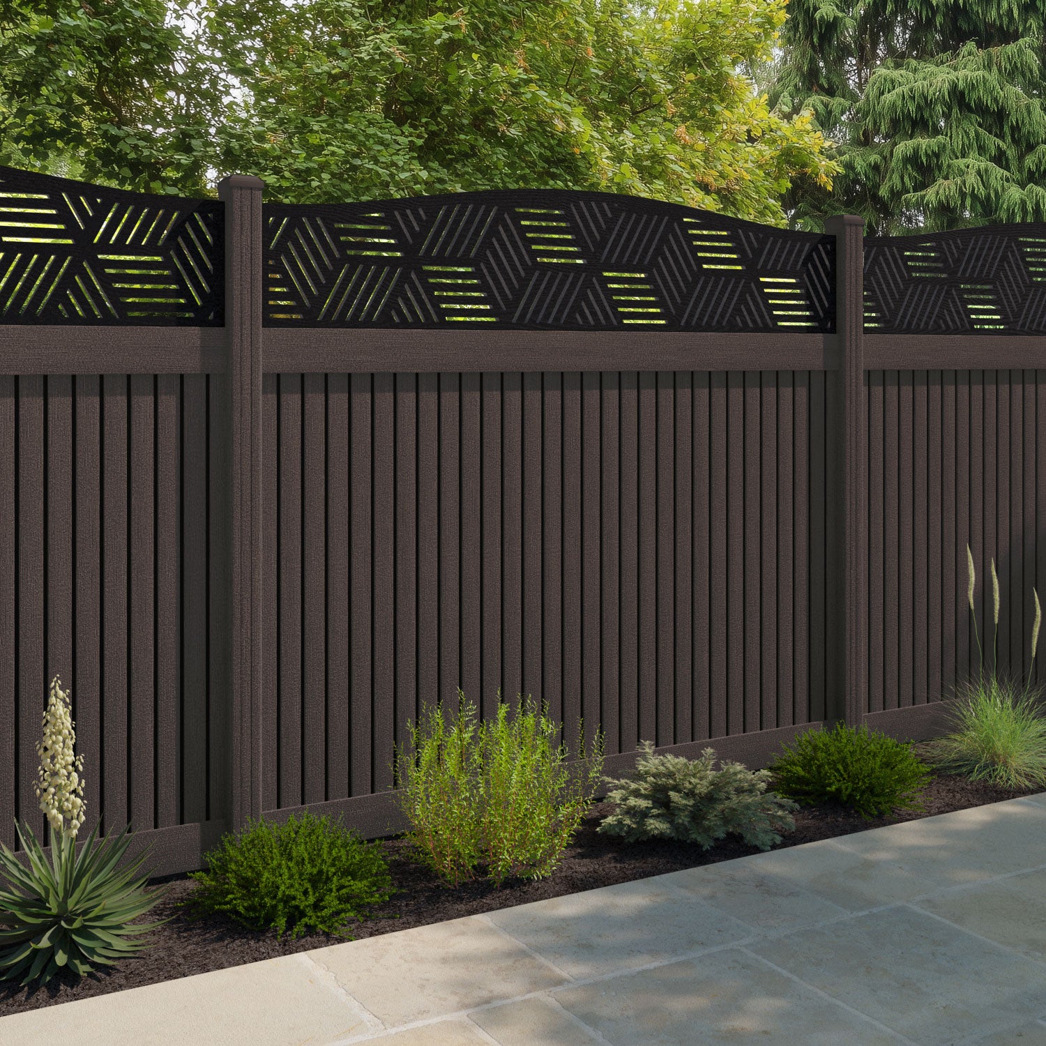 Virtis Cubed Curved Top Fence Panel - Mid Brown - with our composite posts