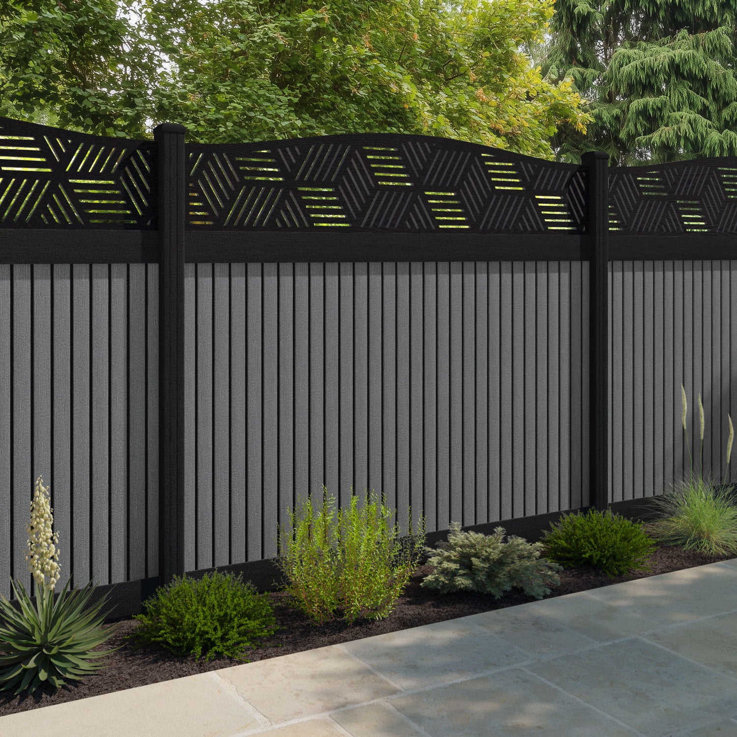 Virtis Cubed Curved Top Fence Panel - Mid Grey - with our aluminium posts
