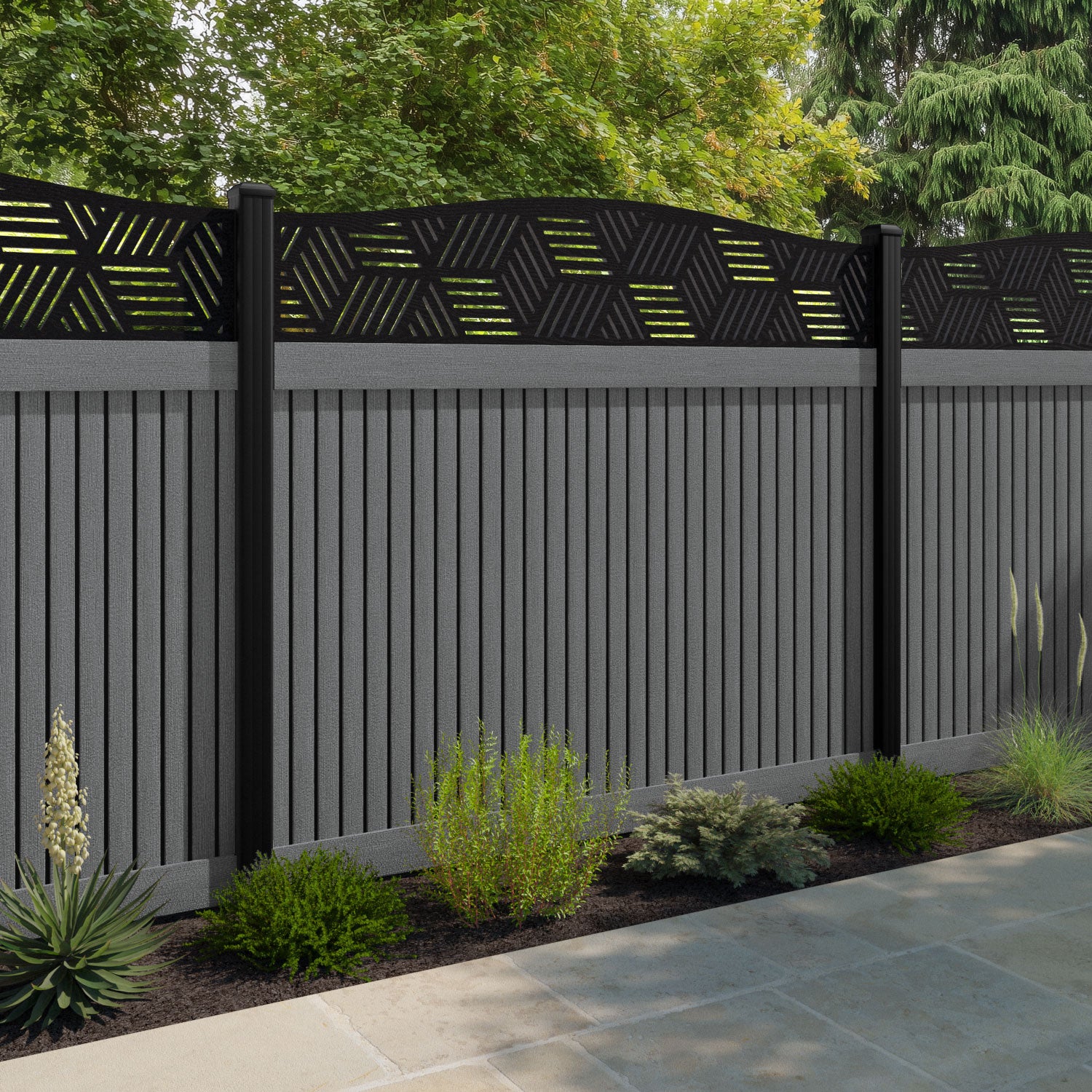 Virtis Cubed Curved Top Fence Panel - Mid Grey - with our aluminium posts