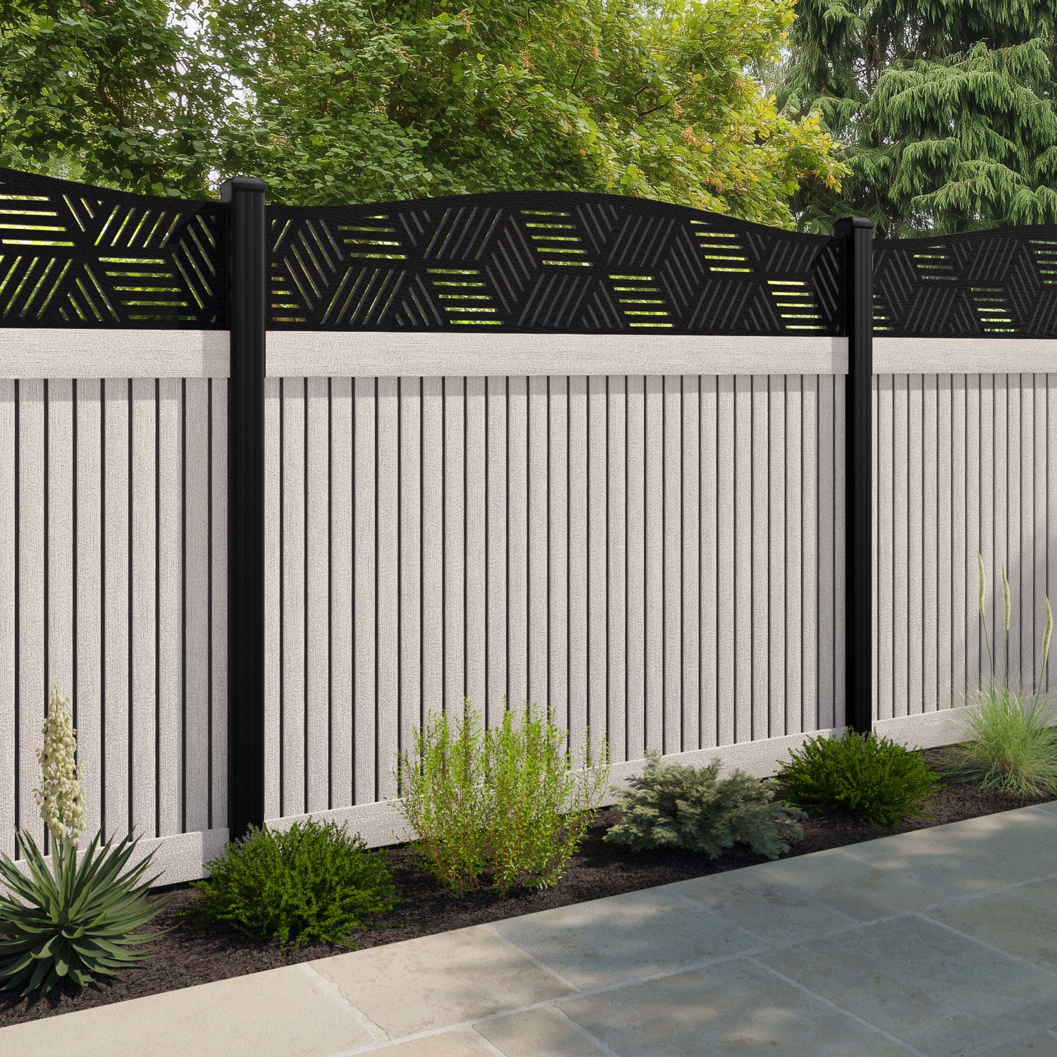 Virtis Cubed Curved Top Fence Panel - Mid Stone - with our composite posts