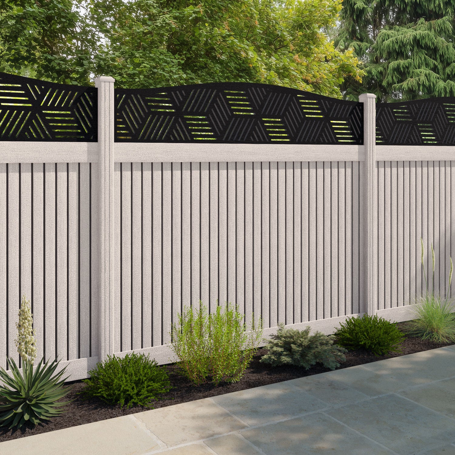 Virtis Cubed Curved Top Fence Panel - Mid Stone - with our composite posts