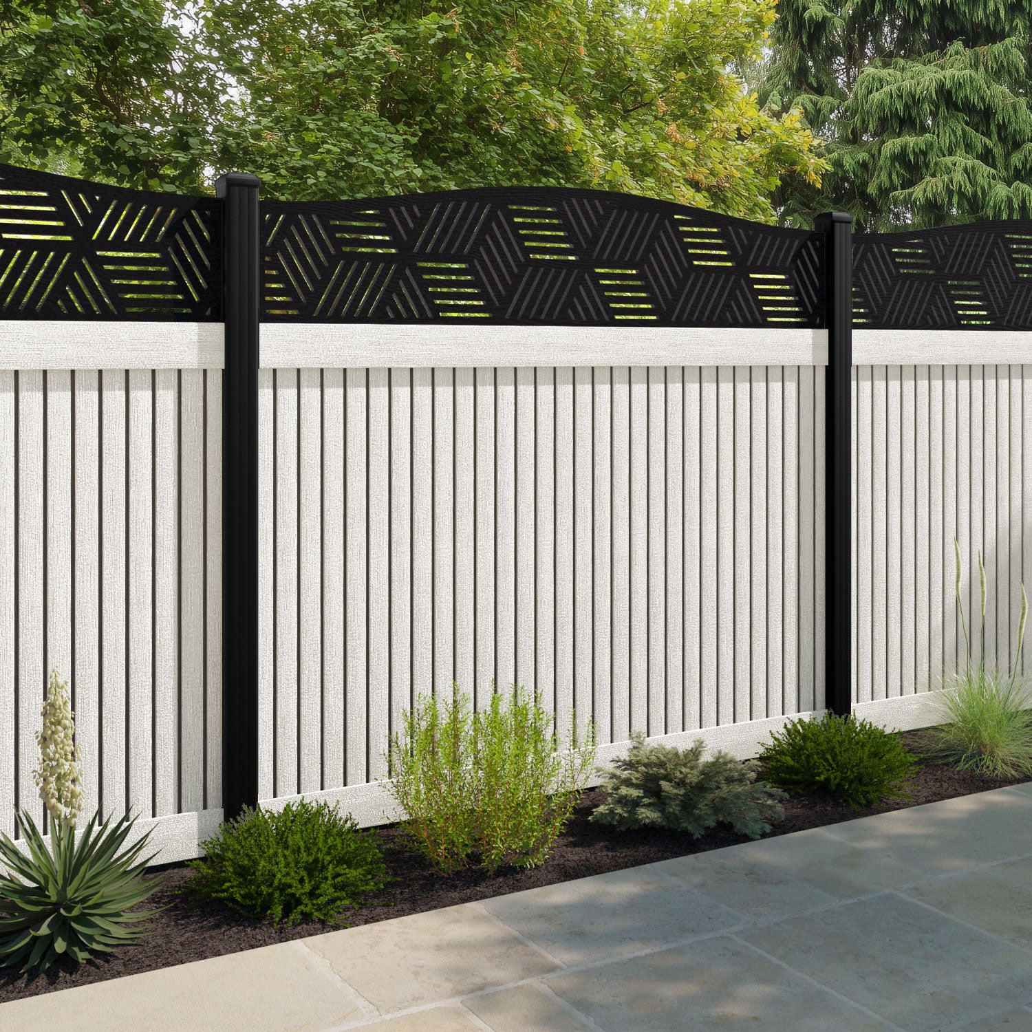 Virtis Cubed Curved Top Fence Panel - Light Stone - with our composite posts