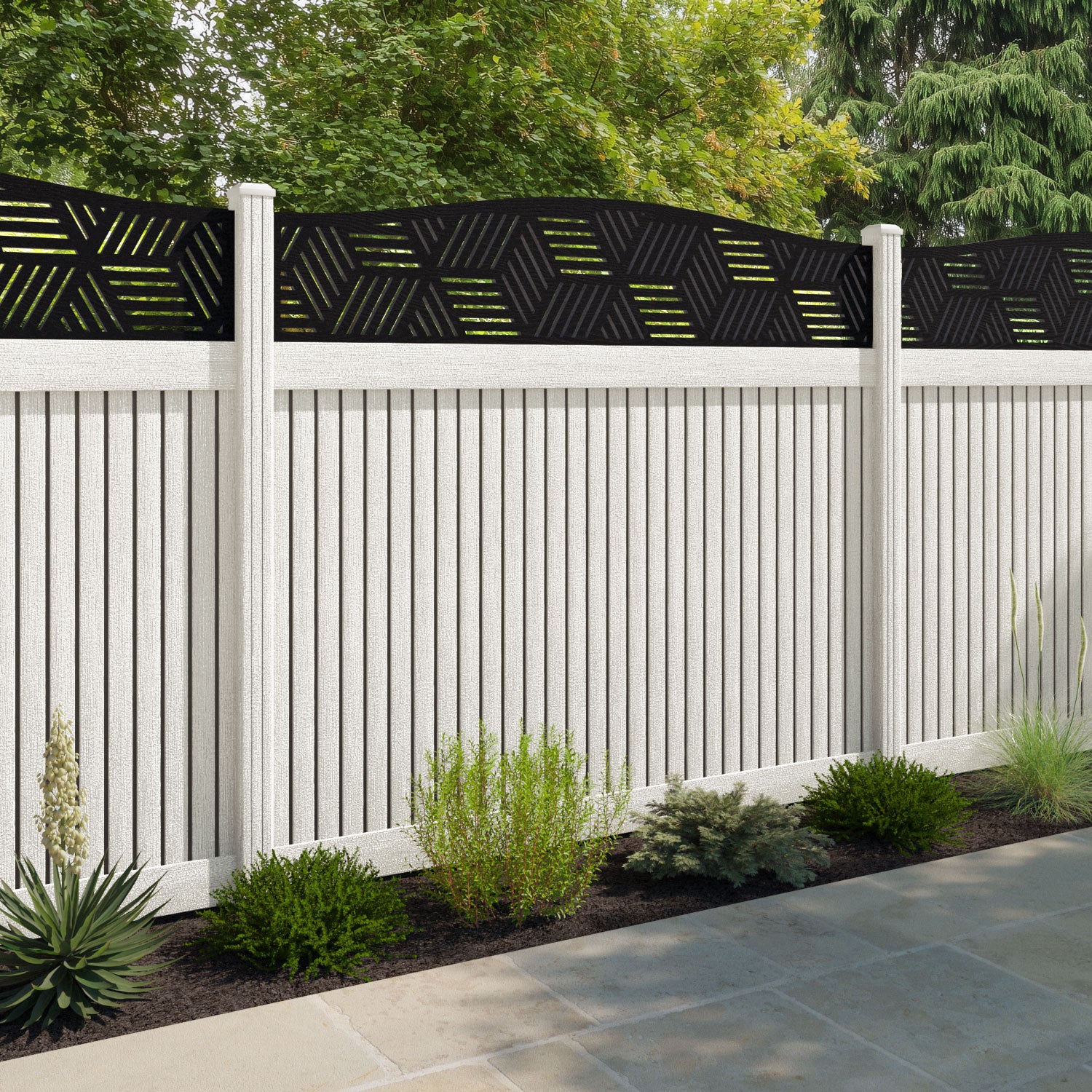 Virtis Cubed Curved Top Fence Panel - Light Stone - with our composite posts