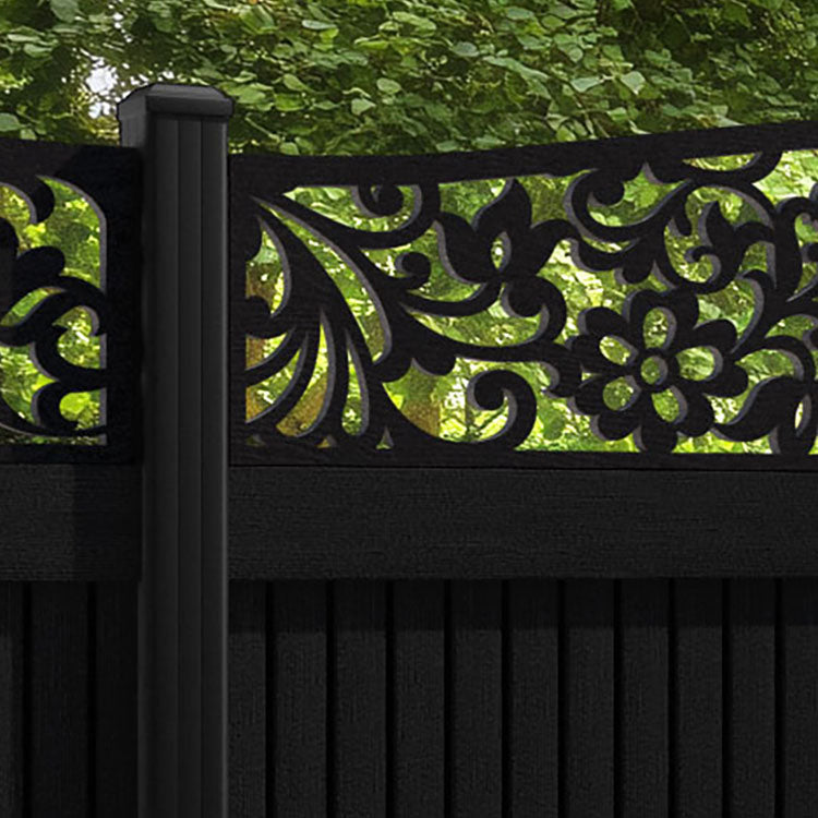 Virtis Eden Curved Top Fence Panel - Black - with our aluminium posts