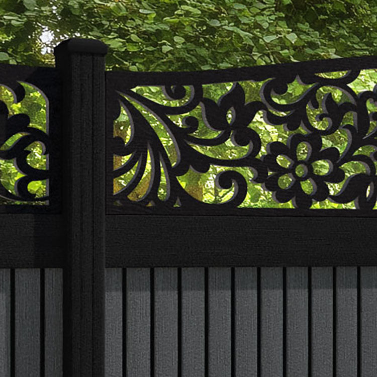 Virtis Eden Curved Top Fence Panel - Dark Grey - with our aluminium posts