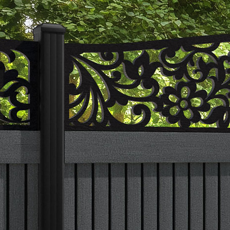 Virtis Eden Curved Top Fence Panel - Dark Grey - with our aluminium posts