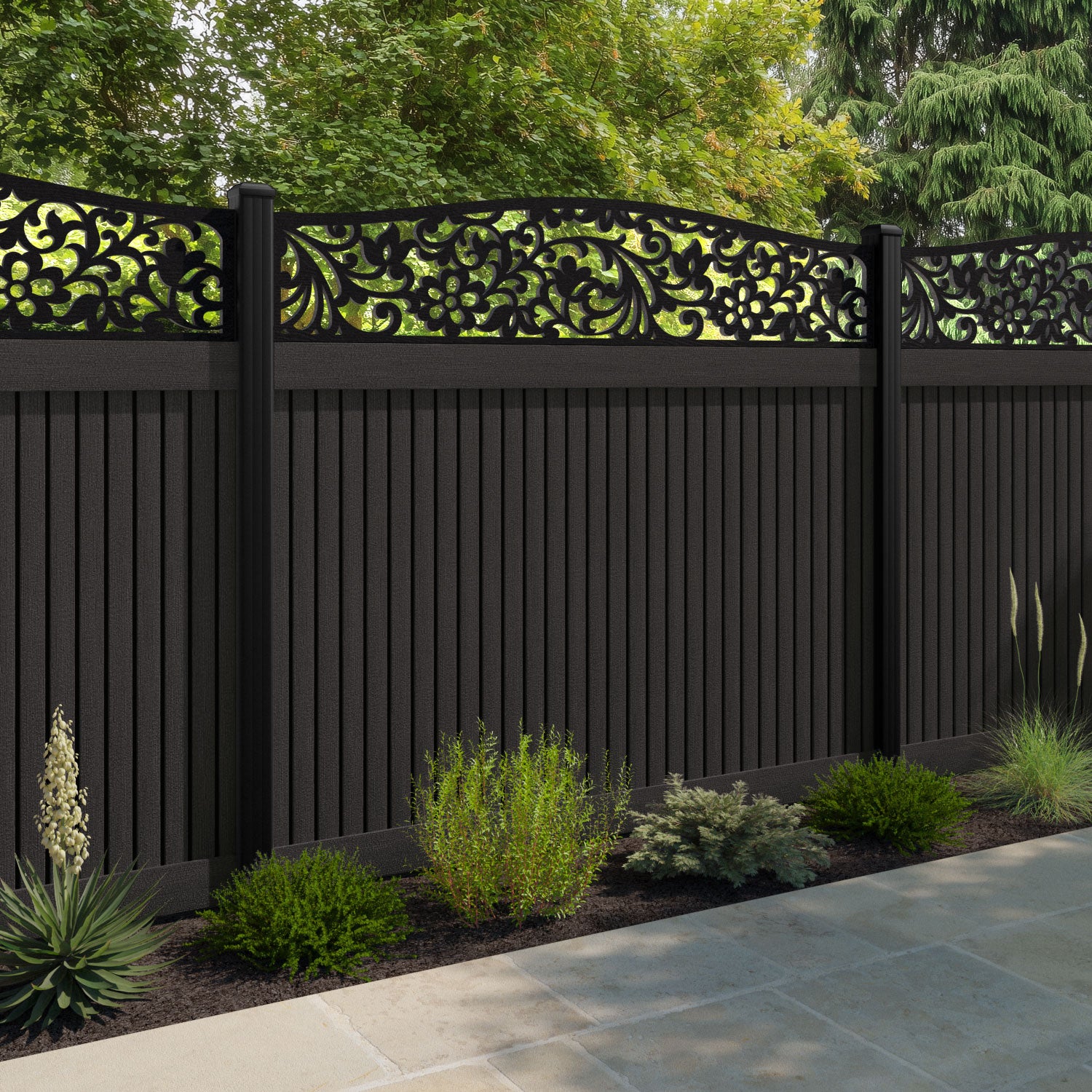 Virtis Eden Curved Top Fence Panel - Dark Oak - with our composite posts