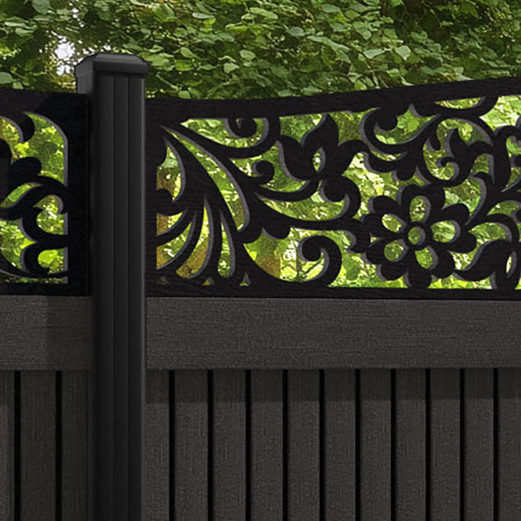 Virtis Eden Curved Top Fence Panel - Dark Oak - with our aluminium posts