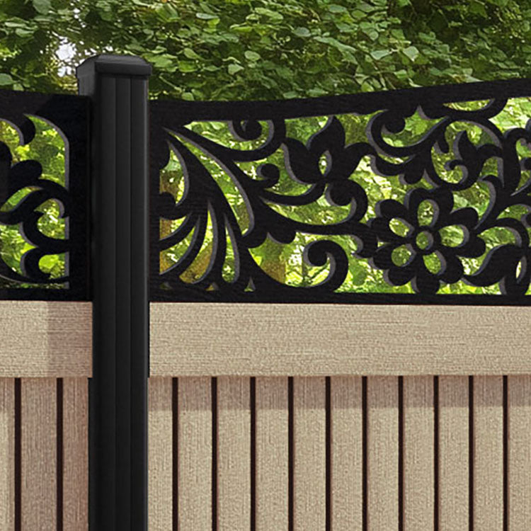 Virtis Eden Curved Top Fence Panel - Light Oak - with our aluminium posts