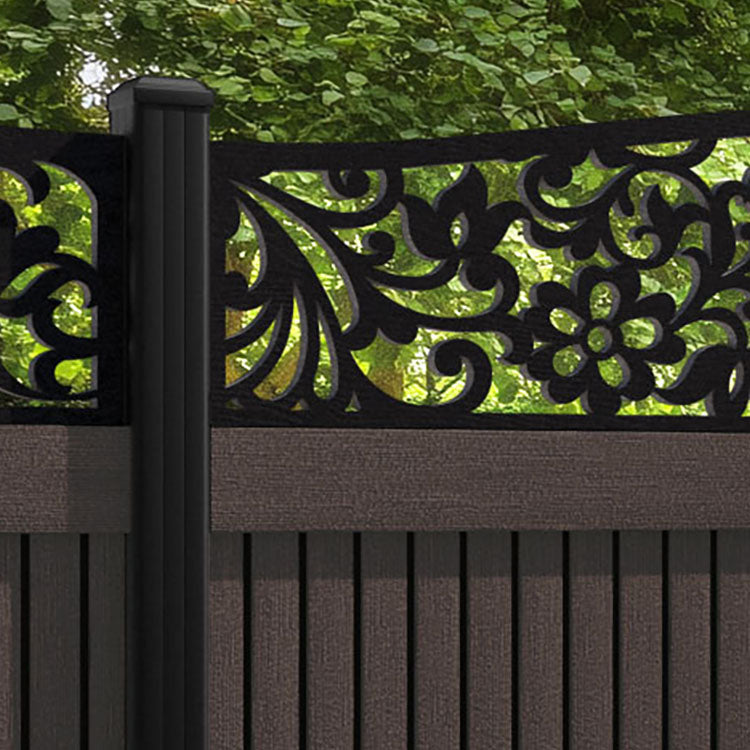 Virtis Eden Curved Top Fence Panel - Mid Brown - with our aluminium posts
