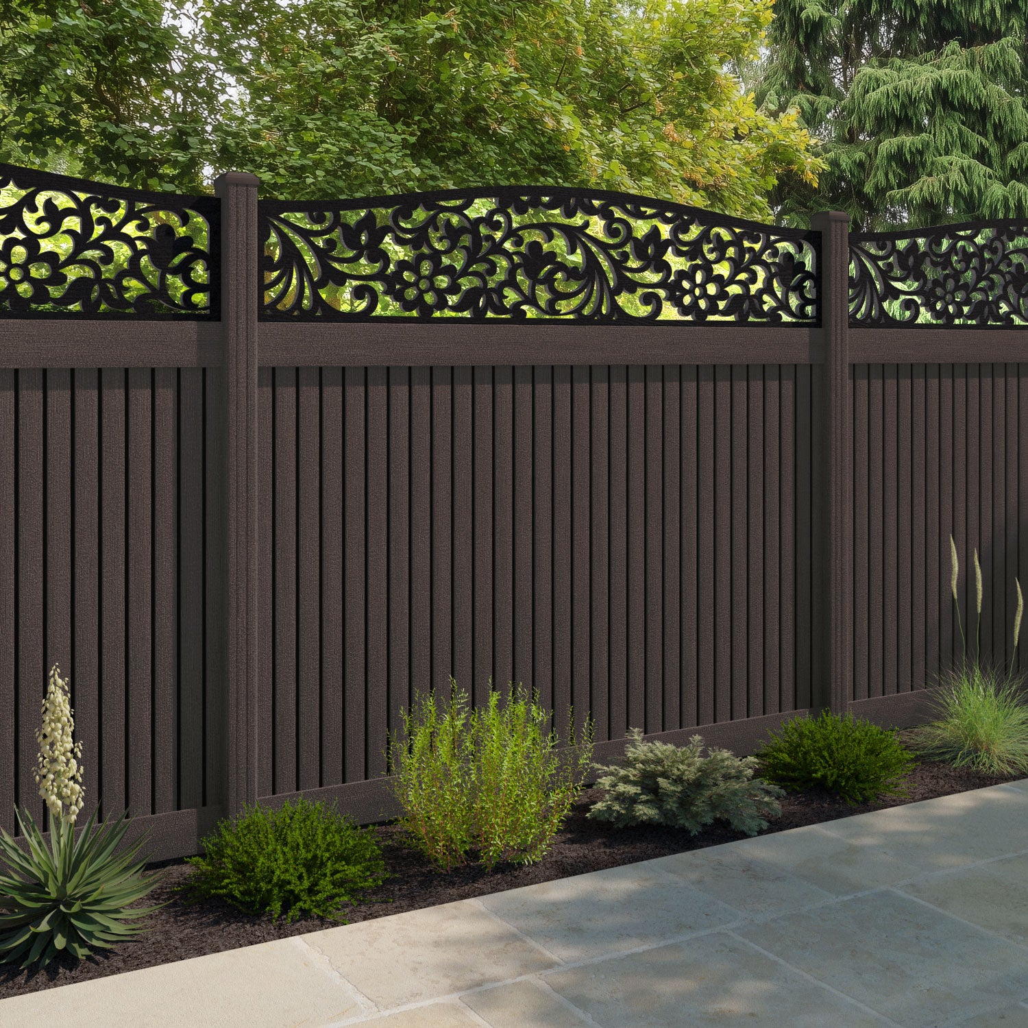 Virtis Eden Curved Top Fence Panel - Mid Brown - with our composite posts