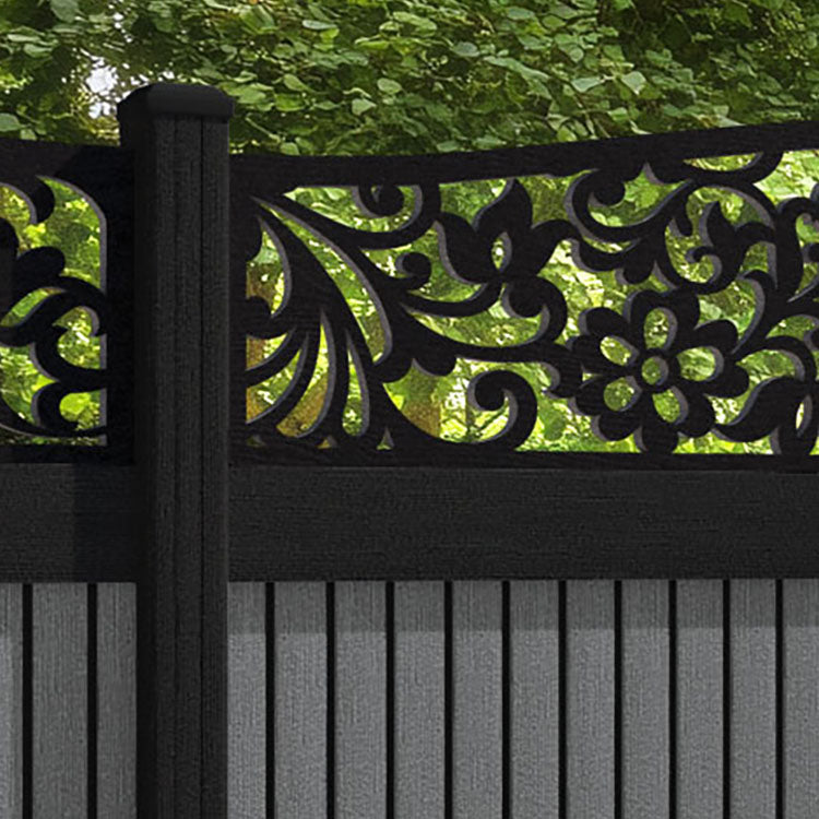 Virtis Eden Curved Top Fence Panel - Mid Grey - with our aluminium posts