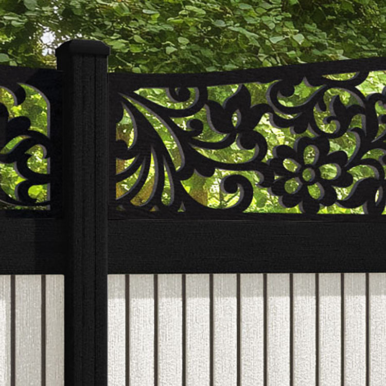 Virtis Eden Curved Top Fence Panel - Light Stone - with our aluminium posts