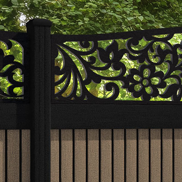 Virtis Eden Curved Top Fence Panel - Teak - with our aluminium posts