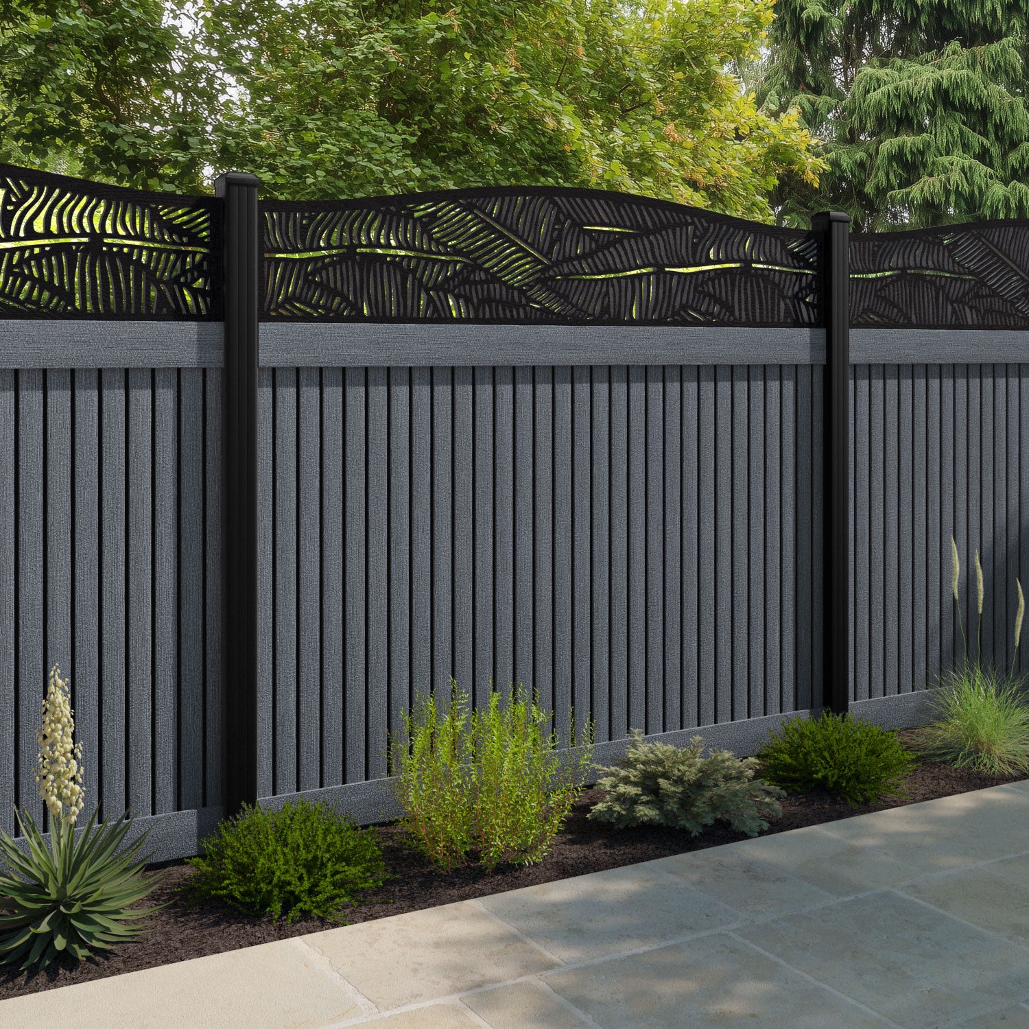 Virtis Feather Curved Top Fence Panel - Anthracite - with our aluminium posts