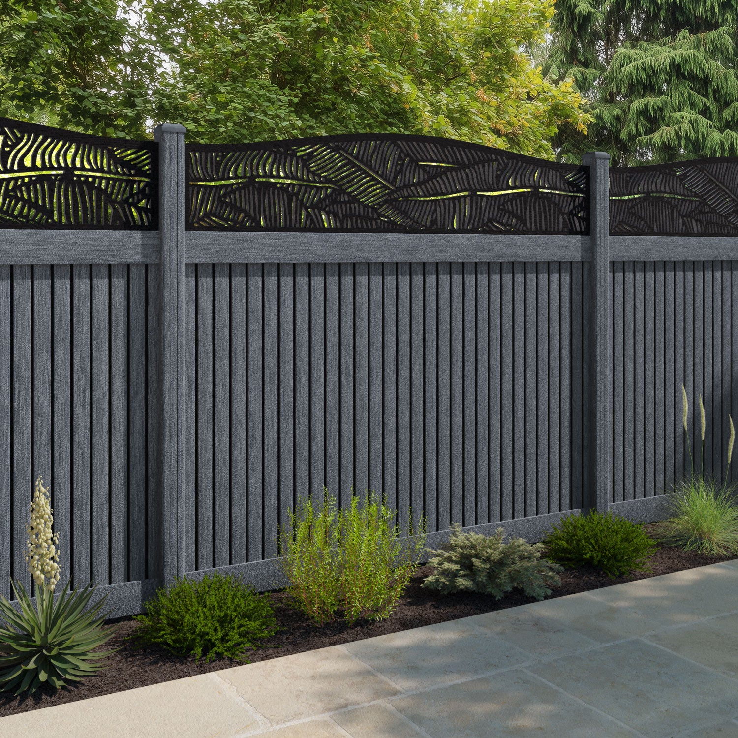 Virtis Feather Curved Top Fence Panel - Anthracite - with our composite posts