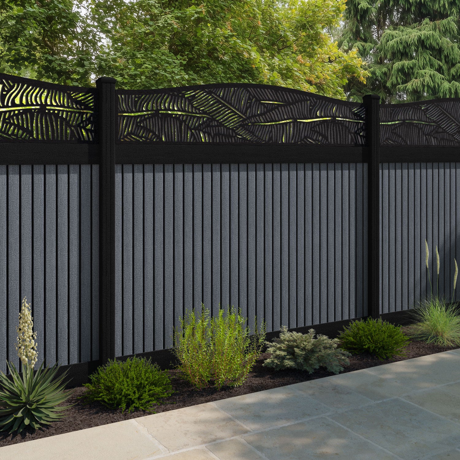 Virtis Feather Curved Top Fence Panel - Anthracite - with our aluminium posts