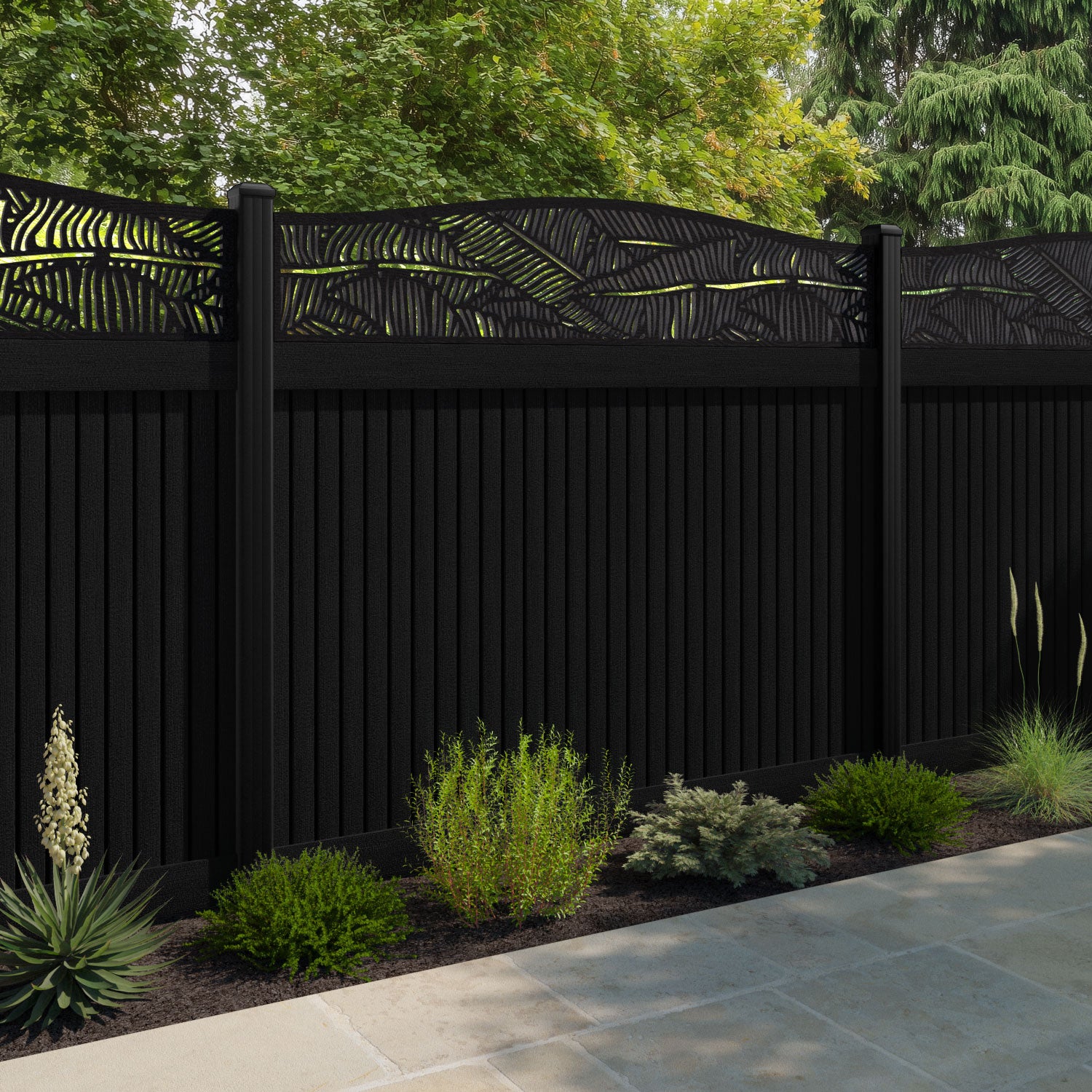 Virtis Feather Curved Top Fence Panel - Black - with our aluminium posts