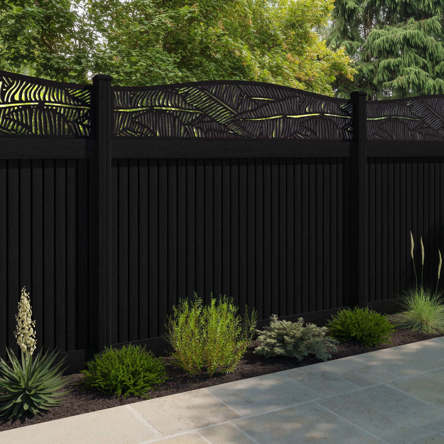 Virtis Feather Curved Top Fence Panel - Black - with our composite posts