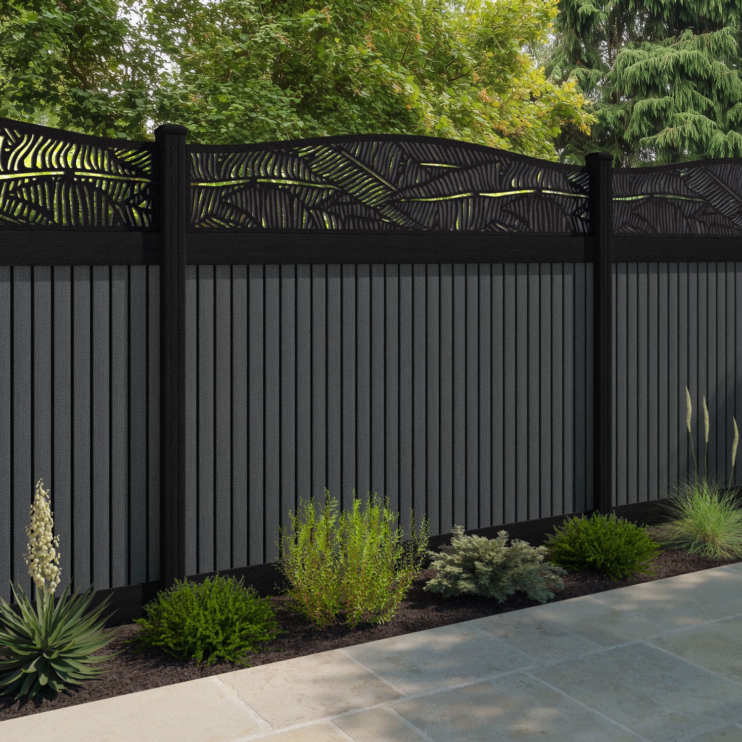 Virtis Feather Curved Top Fence Panel - Dark Grey - with our composite posts