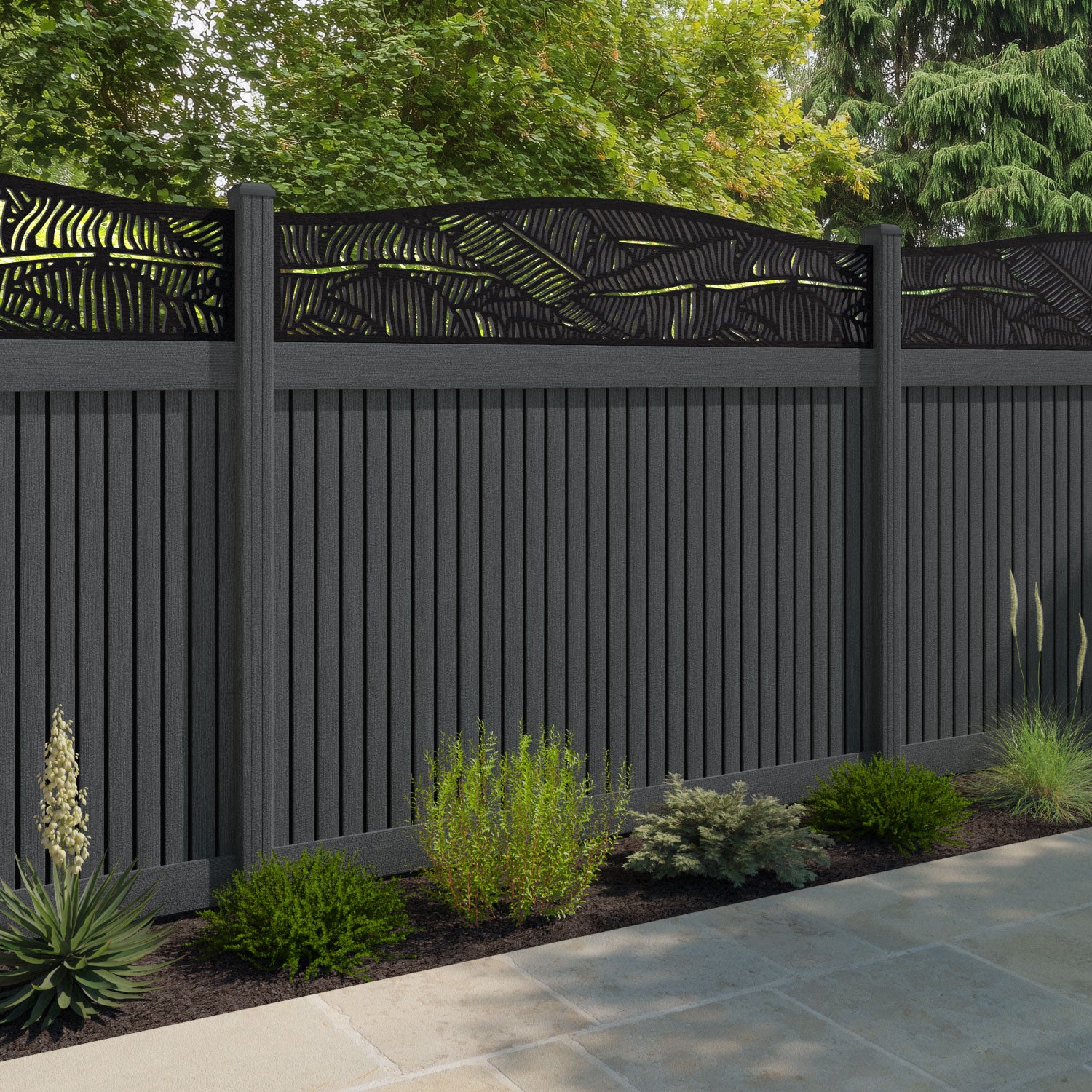 Virtis Feather Curved Top Fence Panel - Dark Grey - with our composite posts