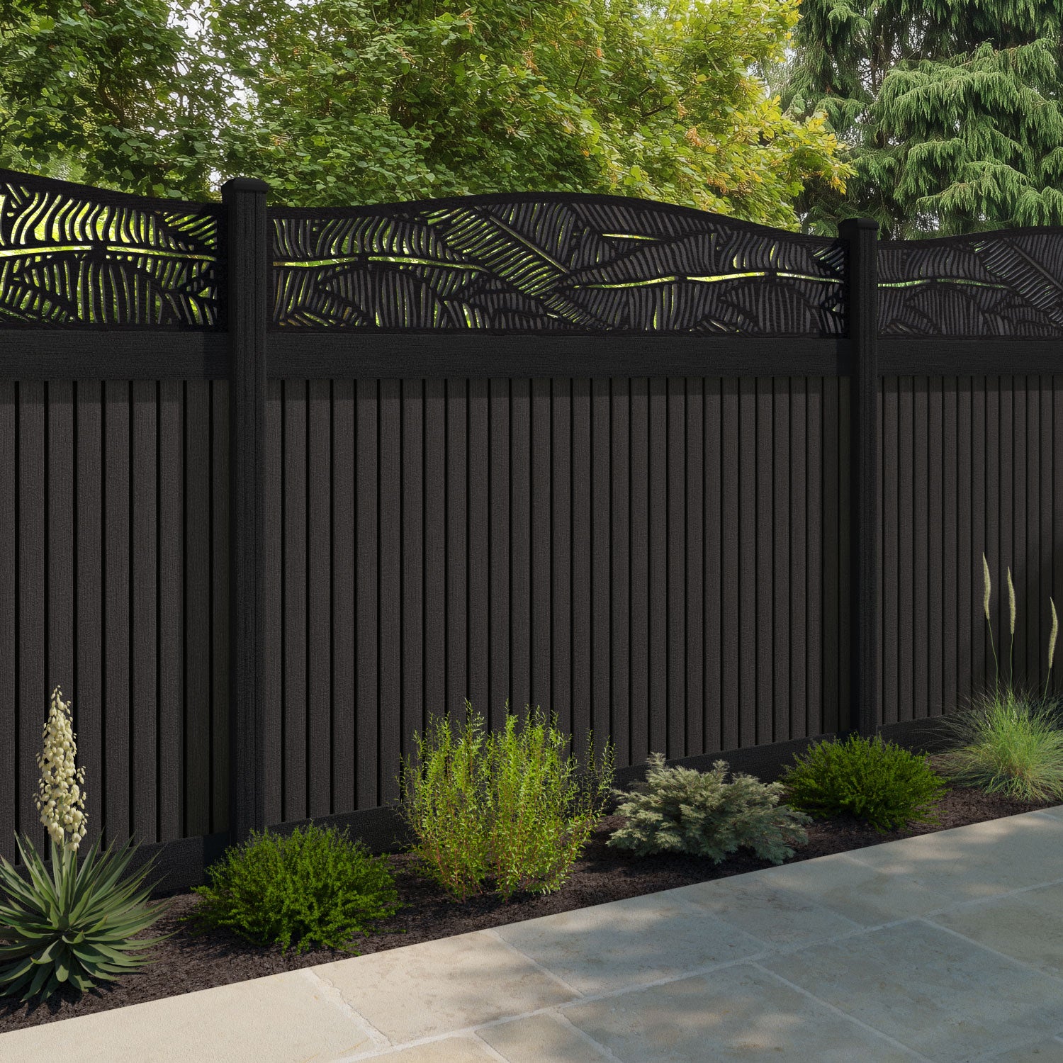 Virtis Feather Curved Top Fence Panel - Dark Oak - with our composite posts