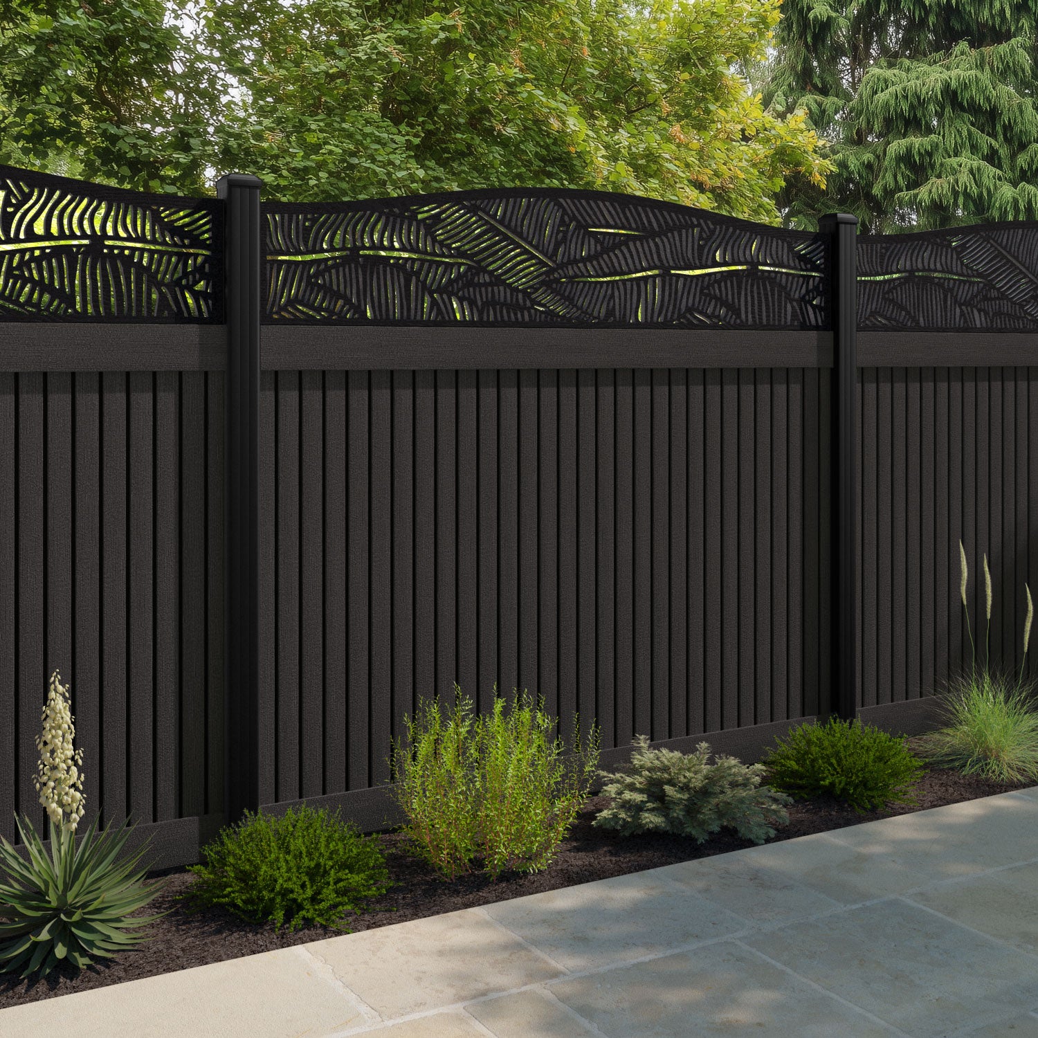 Virtis Feather Curved Top Fence Panel - Dark Oak - with our aluminium posts